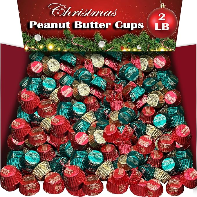 Christmas Candy Bulk 2 Lbs Miniature Peanut Butter Cups In Red Green and Gold Holiday Seasonal Wrap Individually Wrapped Gluten Free Milk Chocolate Peanut Butter Cups in Bulk Appx 100 Pieces
