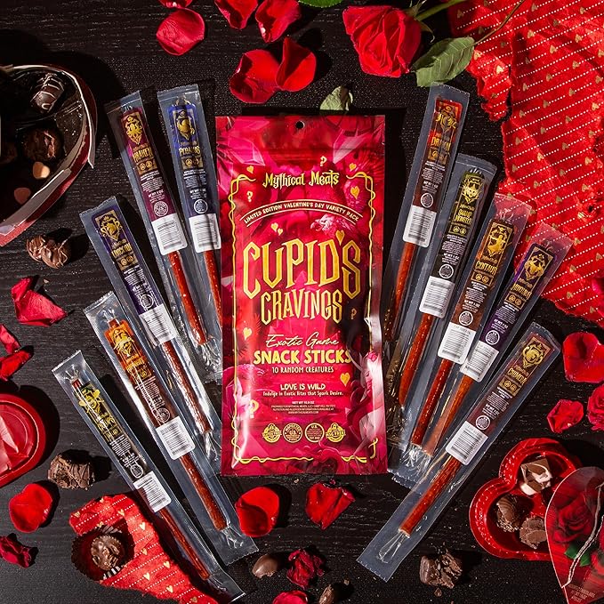 Mythical Meats Cupid's Cravings Random Flavor Sampler Pack – 10 Random Exotic Game and Beef Snack Sticks – Dried &amp Dehydrated Meats Seasoned to Perfection – High Protein Keto Friendly Snacks
