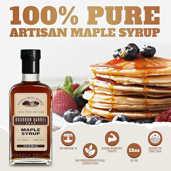 Lincoln County Reserve Bourbon Maple Syrup Made in USA | Bourbon Barrel Aged. Grade A Amber Rich Taste in Sustainable 12oz Glass Bottle. Gluten Free for Pancakes and Waffles