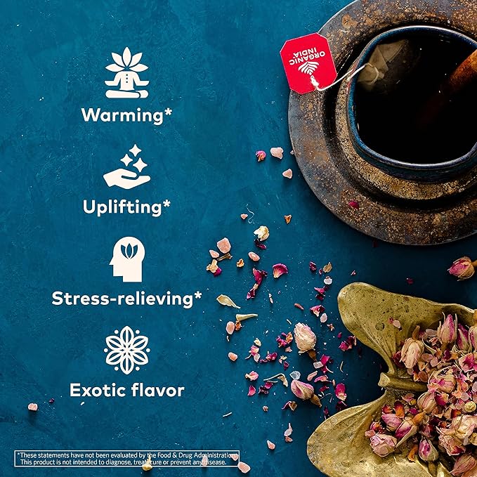 ORGANIC INDIA Tulsi Cinnamon Rose Tea Bags - Tulsi Rose Tea Bags Cinnamon Tea Bags with Holy Basil Chamomile Stevia USDA Certified Organic Caffeine Free Herbal Tea - 18 Infusion Bags 6 Pack