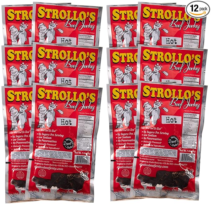 Strollo's Beef Jerky-Hot 12 Pack-1.5oz Packs- Low Sodium Low Sugar Low Carb Keto Diet Friendly-Made with All Natural USA Beef USDA Certified