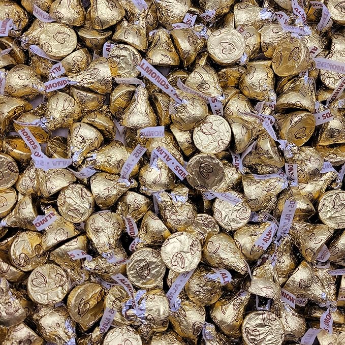 Yummy Chew Hershey Kisses Almond Bulk Candy - 2lb Bulk Bag of Almond Kisses in Gold Foils - Individually Wrapped Milk Chocolate Hershey Kisses with Almonds - 2 Pounds Bulk Kisses Chocolate Candy