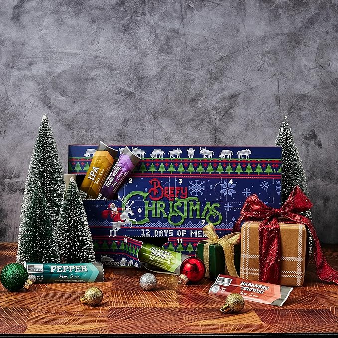 Man Crates 12 Days of Jerky Advent Calendar 2025 Featuring Ugly Christmas Sweater Artwork – Includes 12 Delicious Bites of Beef Jerky – Festive Flavors Like Habanero Maple Bourbon &amp More