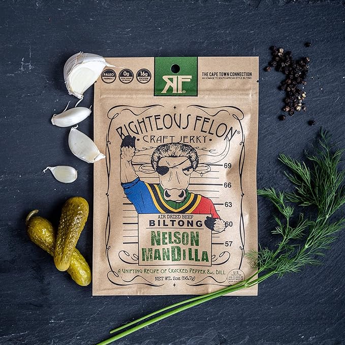 Righteous Felon Biltong Beef Jerky | South African Biltong Snack Packs for Adults | High Protein Keto-Friendly Low Sugar | Made with Premium Meats | Beef Jerky Gifts for Men | Nelson Mandilla 3 Pack