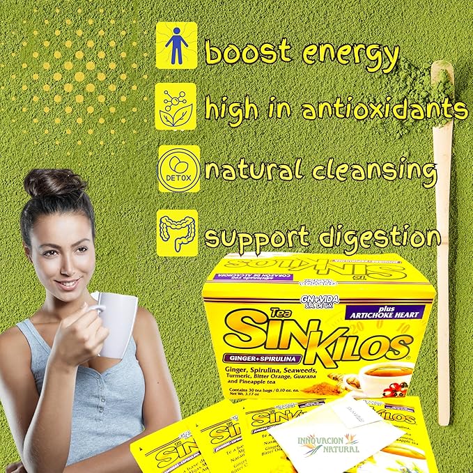 SinKilos Tea GN+Vida Cleansing Tea with Ginger Spirulina Turmeric Artichoke Orange and Pineapple Healthy Digestive Formula Caffeine Free All Natural Te Panza y Grasa Herbal | 2 Pack 60 Total
