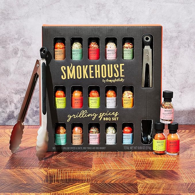 Smokehouse by Thoughtfully Grilling Spices BBQ Set Includes BBQ Tongs Magnet and 15 Flavorful Seasoning and Rubs - Great Gift for Holiday Men Dad Husband