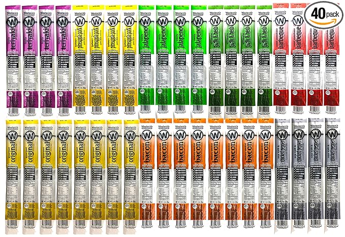 Western's Smokehouse Meat Sticks Variety Pack of 40 – 8 Flavors of Pork and Beef Jerky - Bulk Snacks Individually Wrapped Gluten-Free MSG-Free Soy-Free No Nitrates