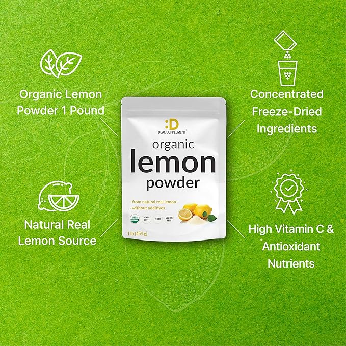 Organic Lemon Powder 1lb – Real Freeze-Dried Source – Rich in Essential Vitamin C – Natural Immune Support – Raw Lemon Juice Flavor &amp Aroma – Non-GMO Filler Free No Sugar