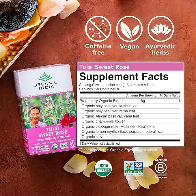 Organic India Tulsi Sweet Rose Herbal Tea - Holy Basil Leaf African Basil Chamomilie Lemon Myrtle Stress Relieving Immune Support USDA Certified Organic Caffeine-Free - 18 Infusion Bags 6 Pack