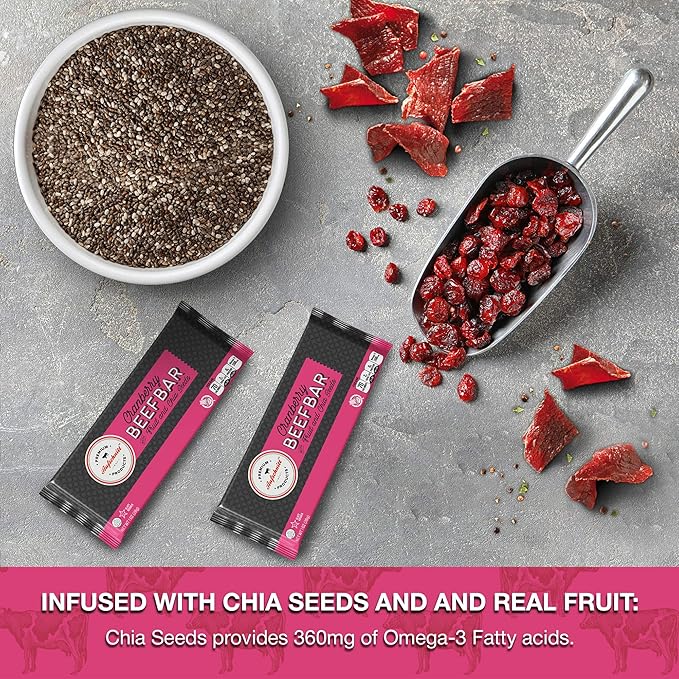 Aufschnitt Beef Bars - High Protein Snack with Grass Fed Beef - Kosher and Keto Friendly - Cranberry Flavor with Real Fruit and Chia Seeds 24 Count