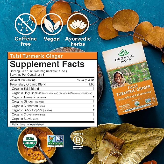 ORGANIC INDIA Tulsi Turmeric Ginger Herbal Tea - Stress Relieving &amp Harmonizing Immune Support Aids Digestion Vegan Caffeine-Free - 18 Infusion Bags 6 Pack