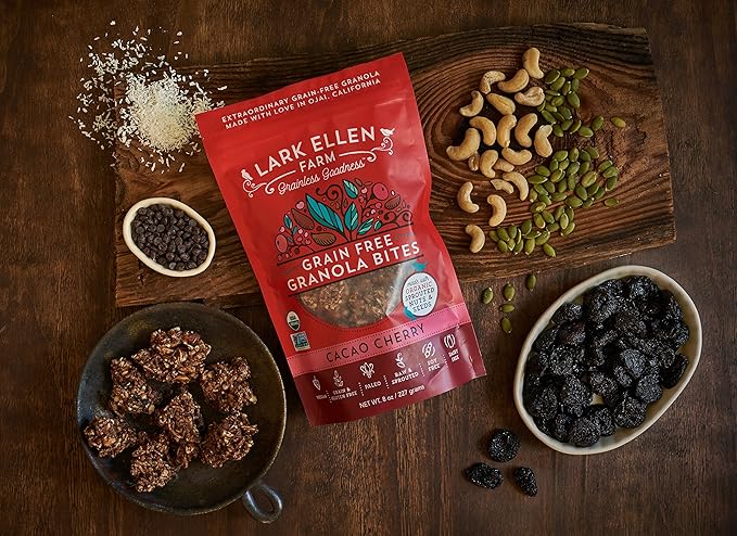 Lark Ellen Farm Cacao Cherry Grain-Free Granola Clusters Organic Vegan Nut and Seed Mix Gluten-Free Crunchy Bites for Snack Breakfast or Yogurt 8 oz 3 Pack