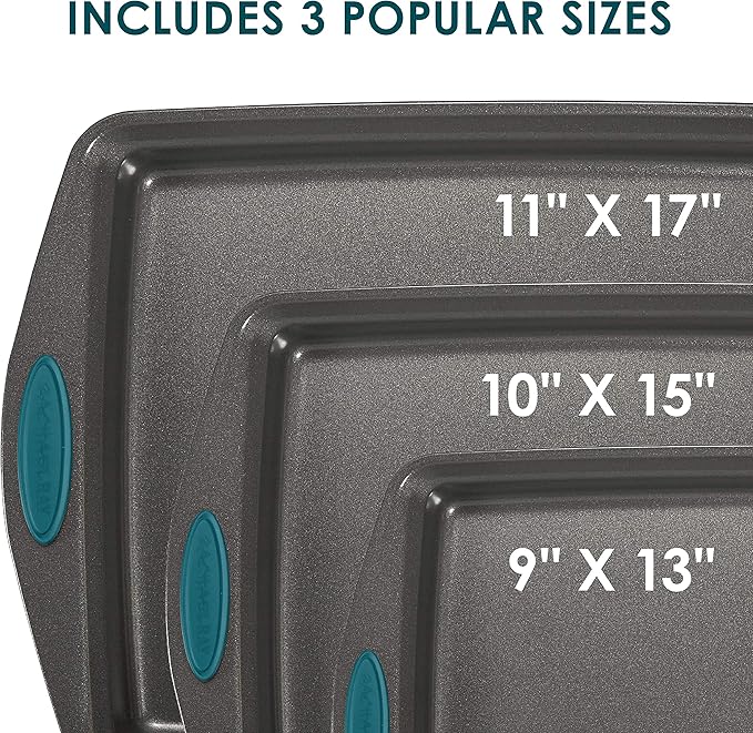 Rachael Ray Bakeware Nonstick Cookie Pan Set 3-Piece Gray with Marine Blue Grips