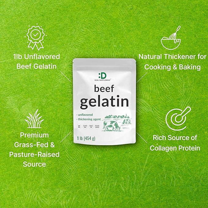 Unflavored Beef Gelatin Powder 1lb – Grass Fed &amp Pasture Raised Bovine – Natural Thickener &amp Stabilizer for Cooking &amp Baking – High Collagen Protein Source – Non-GMO Keto Friendly