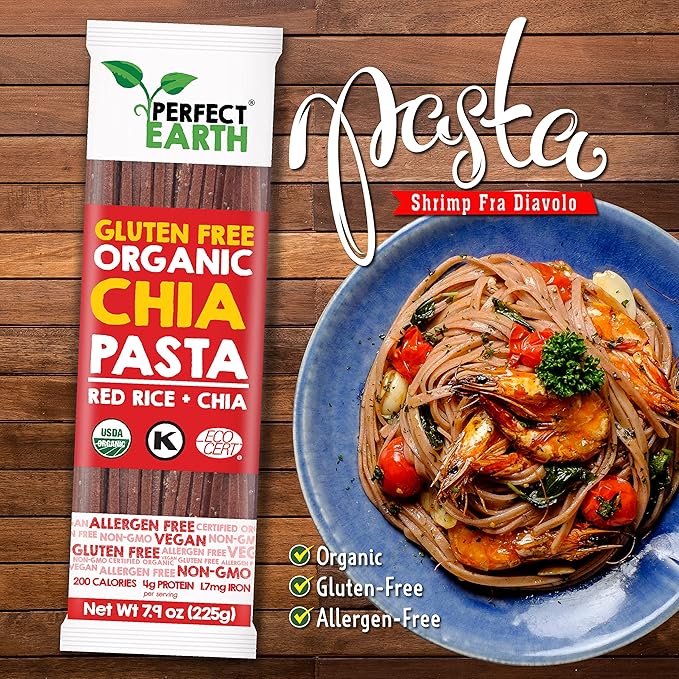 Perfect Earth Organic Red Rice Pasta with Chia Seeds - Organic Vegan Keto Kosher Allergen-Free Gluten-Free Low Carb Pasta - for Healthy Delicious and Convenient Meals - 6 Pack (7.9 Oz Each)