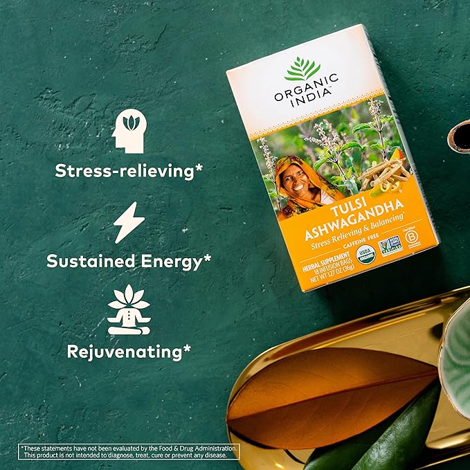 ORGANIC INDIA Calming Tulsi Ashwagandha Herbal Tea - Holy Basil Tea with Ashwagandha Root Supports Restful Sleep - Adaptogen Vegan USDA Certified Organic Non-GMO - 18 Infusion Bags 3 Pack