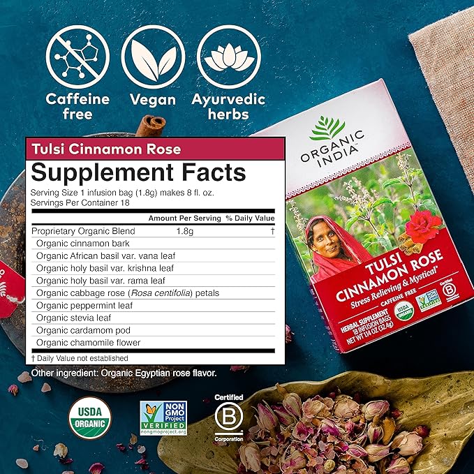 ORGANIC INDIA Tulsi Cinnamon Rose Tea Bags - Tulsi Rose Tea Bags Cinnamon Tea Bags with Holy Basil Chamomile Stevia USDA Certified Organic Caffeine Free Herbal Tea - 18 Infusion Bags 6 Pack