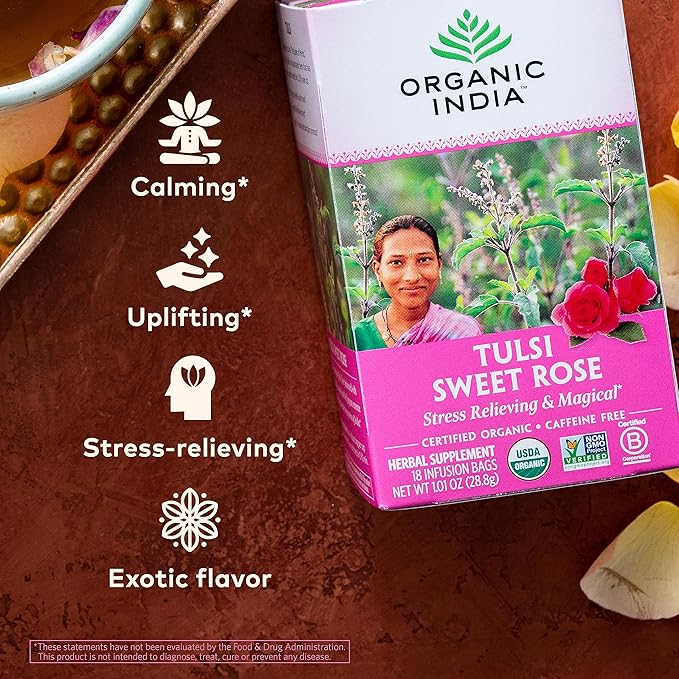 Organic India Tulsi Sweet Rose Herbal Tea - Holy Basil Leaf African Basil Chamomilie Lemon Myrtle Stress Relieving Immune Support USDA Certified Organic Caffeine-Free - 18 Infusion Bags 6 Pack