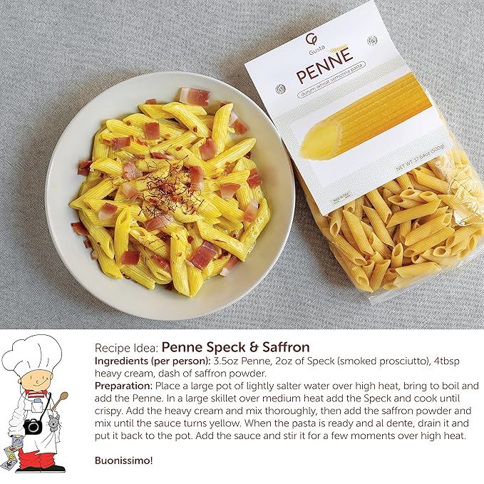 Gusta Penne Rigate Pasta - Premium Italian Pasta from Italy - Durum Wheat Semolina Organic Al Dente Pasta - Non-GMO &amp Gourmet Pasta - Family Owned Brand - 17.64oz / 500g (4 Pack)