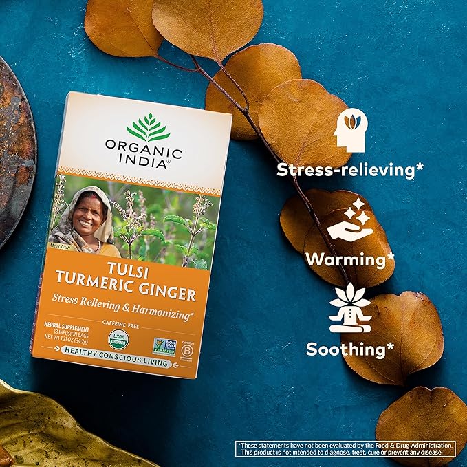 ORGANIC INDIA Tulsi Tumeric Ginger Herbal Tea - Stress Relieving &amp Harmonizing Immune Support Aids Digestion Vegan Caffeine-Free - 54 Infusion Bags 3 Pack