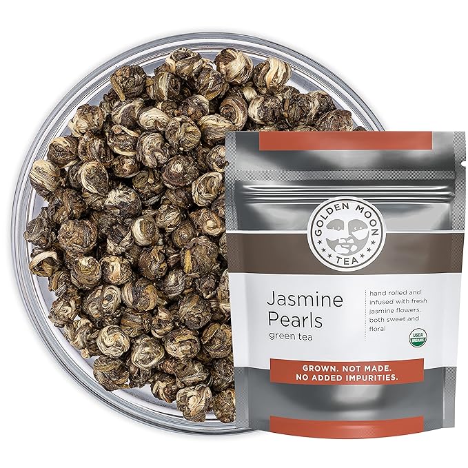 Golden Moon Tea Organic Jasmine Pearls Green Tea - Loose Leaf Dragon Pearls Premium Grade Non GMO - Half Pound (96 Servings)