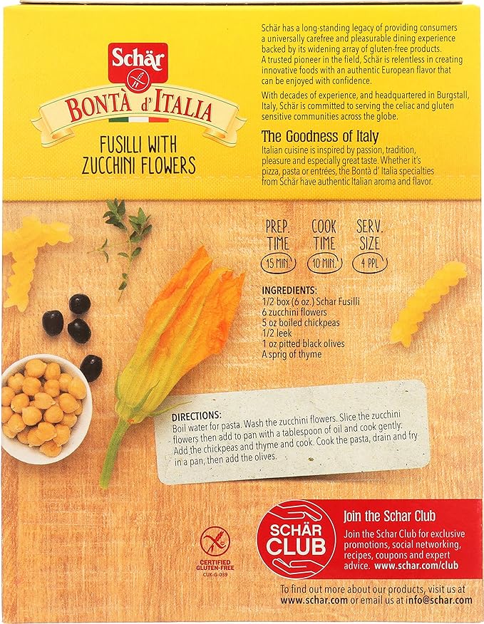 Schar - Pasta Fusilli- Certified Gluten Free - No GMO's Wheat or Preservatives - (12 oz) 5 Pack