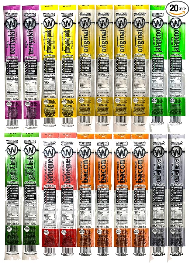 Western's Smokehouse Meat Sticks Variety Pack of 20 – 8 Flavors of Pork and Beef Jerky Sticks - Gluten-Free MSG-Free Soy-Free No Nitrates Meat Sticks Individually Wrapped