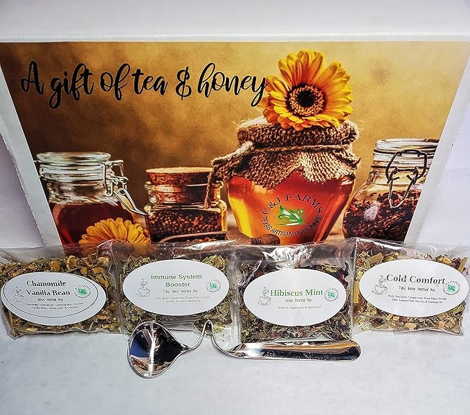 C&ampJ Farms Texas Gourmet Artisan Seasonings A Gift of Tea and Honey Gift Set- 9 Piece Variety Sampler Box- Includes Stir Spoon and Sampling of Loose Leaf Tisanes &amp Infused Honey- Local Natural