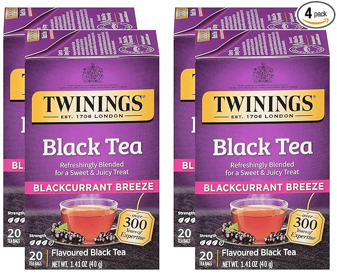 Twinings Blackcurrant Breeze Black Tea Individually Wrapped Bags 20 Count (Pack of 4) Sweet Tangy Taste Caffeinated Enjoy Hot or Iced 80 Teabags.