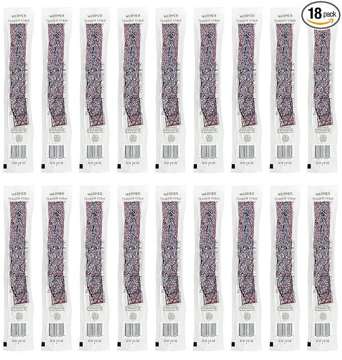 Werner Tender Beef Jerky Strips - Pack of 18 Individually Wrapped Beef Jerky Strips - Made in the USA (Peppered)