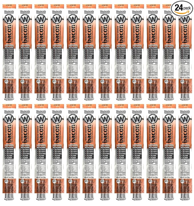 Western's Smokehouse Meat Sticks Hickory Smoked Bacon Pork Jerky Sticks – Pack of 24 (1.0 Ounce) - Gluten-Free MSG-Free Soy-Free Nitrate-Free Nitrite-Free