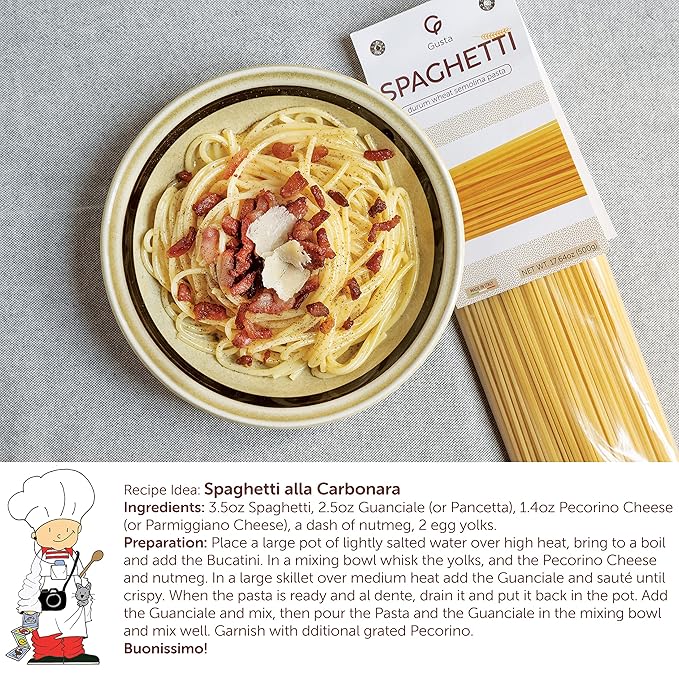 Gusta Spaghetti Noodles Pasta - Premium Italian Pasta from Italy - Durum Wheat Semolina Organic Al Dente Pasta - Non-GMO &amp Gourmet Pasta - Family Owned Brand - 17.64oz / 500g (2 Pack)