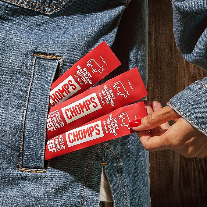 Chomps Grass-Fed and Finished Smoky BBQ Seasoned Beef Jerky Snack Sticks 24-Pack - Keto Paleo Whole30 10g Lean Meat Protein Gluten-Free Zero Sugar Food Non-GMO