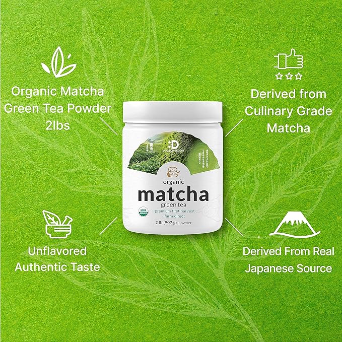 Organic Matcha Green Tea Powder 2 lb (907g) | First Harvest Culinary Grade | Japanese Sourced Cafe Mix | Zero Sugar Keto Friendly Non-GMO Vegetarian